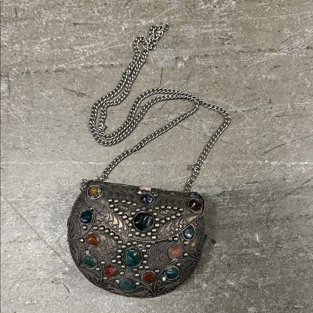 Boho Embellished Silver Chain Bag with Stones